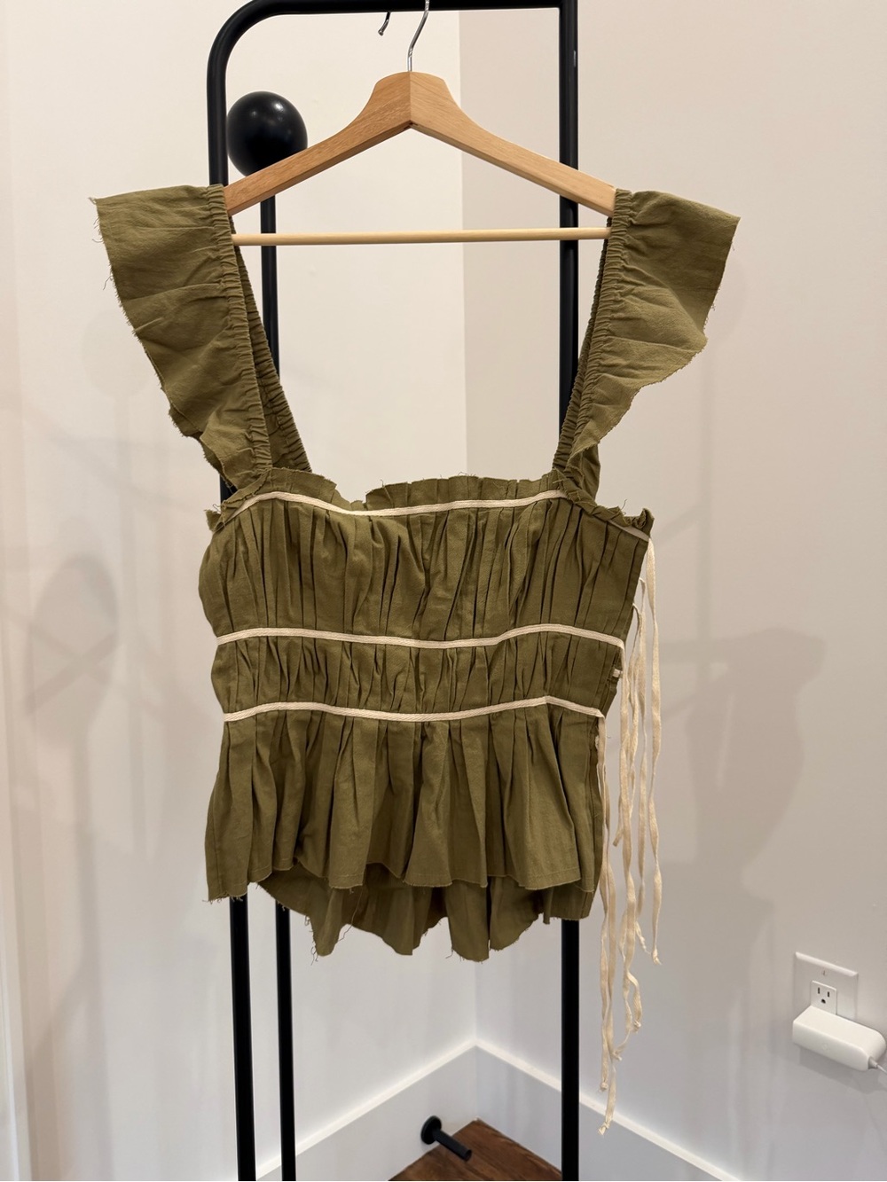 Free People Olive Green Ruffled Peplum Camisole with Cream Trim